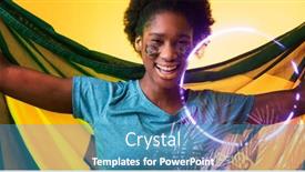  Presentation with face match - PPT theme featuring cheerful-african-american-female-fan background and a teal colored foreground