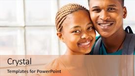  Presentation with american university - Slide set having cheerful african american university couple on campus background and a coral colored foreground