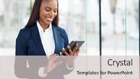  Presentation with cheerful - Presentation design enhanced with cheerful african businesswoman using tablet background and a light gray colored foreground