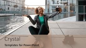  Presentation with african river - Presentation design consisting of cheerful-african-girl-in-sportswear background and a coral colored foreground