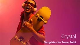  Presentation with headphones - PPT theme with cheerful-african-guy-in-sunglasses background and a violet colored foreground