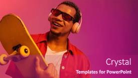  Presentation with neon - Presentation theme featuring cheerful-african-guy-in-sunglasses background and a violet colored foreground