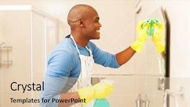  Presentation with cleaning - Presentation design with cheerful african man cleaning bathroom background and a lemonade colored foreground