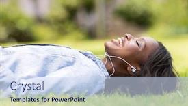  Presentation with african music - Amazing slide deck having cheerful african woman lying on grass listening to music outdoors backdrop and a sky blue colored foreground
