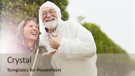  Presentation with animated raindrops waves - PPT theme with cheerful aged woman catching raindrops background and a  colored foreground