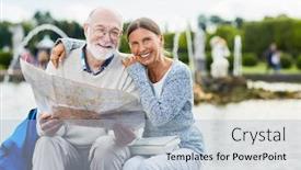  Presentation with aged map - Slide set enhanced with cheerful aged woman embracing her husband with map guide in urban environment background and a light blue colored foreground