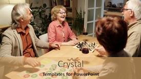  Presentation with green circles - Slide deck having cheerful-aged-woman-laughing-during background and a yellow colored foreground