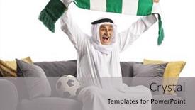  Presentation with arab - Presentation theme consisting of cheerful-arab-man-cheering background and a light gray colored foreground