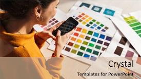  Presentation with artistic - Beautiful presentation featuring cheerful artistic woman choosing paint backdrop and a coral colored foreground