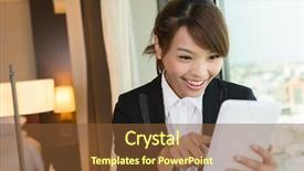  Presentation with business hotel - Beautiful slides featuring cheerful asian business woman using tablet closeup portrait in hotel room backdrop and a tawny brown colored foreground