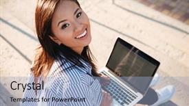  Presentation with brainstorming top view - Slide deck consisting of cheerful asian woman holding lap background and a light blue colored foreground