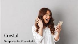  Presentation with cheerful - Presentation design consisting of cheerful asian woman standing isolated background and a light gray colored foreground