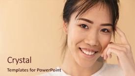  Presentation with wind energy close up portrait - Colorful presentation theme enhanced with cheerful asian woman wearing basic backdrop and a lemonade colored foreground