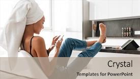  Presentation with healthy workplace full length side view - Cool new PPT theme with cheerful asian woman with bath backdrop and a mint green colored foreground