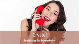  Presentation with red telephone - Cool new PPT theme with cheerful attractive curly retro styled young woman talking on red telephone isolated over white background backdrop and a red colored foreground