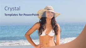  Presentation with straw - Audience pleasing PPT layouts consisting of cheerful attractive dark haired woman wearing straw hat posing on the beach backdrop and a sky blue colored foreground