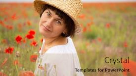  Presentation with embroidery - Presentation design featuring cheerful-attractive-mid-adult-woman background and a coral colored foreground