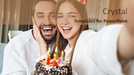  Presentation with birthday cake - Beautiful presentation theme featuring cheerful-attractive-young-couple-celebrating backdrop and a coral colored foreground