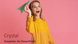  Presentation with cheerful - Audience pleasing theme consisting of cheerful-beautiful-blonde-girl-smiling backdrop and a coral colored foreground