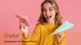  Presentation with paper planes - PPT layouts featuring cheerful-beautiful-blonde-girl-smiling background and a gold colored foreground