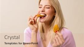  Presentation with eating - Slide deck having cheerful-beautiful-girl-laughing background and a coral colored foreground