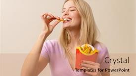  Presentation with french fries - Presentation design having cheerful-beautiful-girl-laughing background and a coral colored foreground