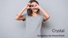  Presentation with hands heart - PPT layouts featuring cheerful beautiful girl making heart background and a light gray colored foreground