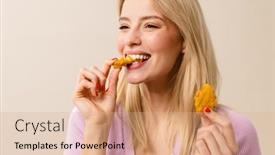  Presentation with nuggets - Presentation theme consisting of cheerful-beautiful-girl-smiling background and a coral colored foreground