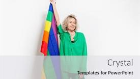  Presentation with rainbow lgbt - Theme with cheerful-beautiful-middle-aged-woman and a light gray colored foreground