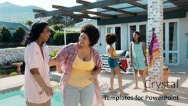  Presentation with summer time - PPT theme featuring cheerful-biracial-female-friends-talking background and a coral colored foreground