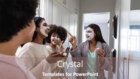  Presentation with home care - PPT layouts with cheerful-biracial-young-female-friends background and a coral colored foreground