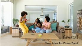  Presentation with coffee cup - PPT theme having cheerful-biracial-young-female-friends background and a coral colored foreground