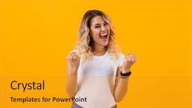  Presentation with basic - Colorful PPT layouts enhanced with cheerful blond woman in basic backdrop and a gold colored foreground