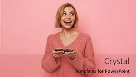  Presentation with pink - Slide deck with cheerful-blond-woman-wearing-pink background and a  colored foreground