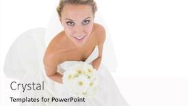  Presentation with bride - Colorful presentation enhanced with cheerful blonde bride holding a bouquet looking up at the camera backdrop and a white colored foreground