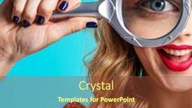  Presentation with eye glass - Cool new PPT theme with cheerful-blonde-holds-a-magnifying backdrop and a tawny brown colored foreground