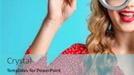  Presentation with eye glass - Amazing theme having cheerful-blonde-holds-a-magnifying backdrop and a light blue colored foreground