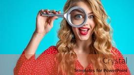  Presentation with eye glass - Slide set having cheerful-blonde-holds-a-magnifying background and a red colored foreground