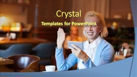  Presentation with chat - Colorful presentation theme enhanced with cheerful blonde mature female waving hand to someone in her smartphone while talking through video chat backdrop and a tawny brown colored foreground