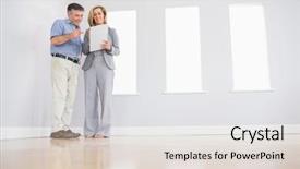  Presentation with potential - Colorful slide set enhanced with cheerful blonde realtor showing an empty room and some documents to a potential attentive mature buyer backdrop and a lemonade colored foreground