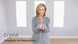  Presentation with realtor - Beautiful slide deck featuring cheerful blonde realtor standing in an empty room presenting a mini model house backdrop and a light gray colored foreground