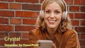  Presentation with wireless - PPT theme with cheerful-blonde-woman-wearing-brown background and a tawny brown colored foreground