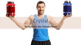  Presentation with cheerful - Beautiful presentation theme featuring cheerful bodybuilder showing two jars of protein powder isolated on white background backdrop and a lemonade colored foreground