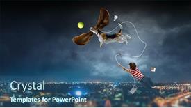  Presentation with dog - Beautiful PPT theme featuring cheerful-boy-and-dog-mixed backdrop and a ocean colored foreground