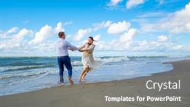  Presentation with beach wedding - Presentation theme with cheerful-bride-and-groom-smiling background and a gray colored foreground