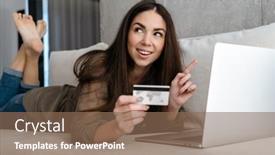  Presentation with credit card - PPT theme with cheerful-brunette-girl-holding-credit background and a violet colored foreground