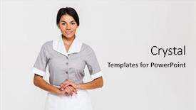  Presentation with joint venture hand together - Audience pleasing PPT theme consisting of cheerful brunette housekeeper keeping hands backdrop and a light gray colored foreground