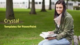  Presentation with college campus - Presentation theme with cheerful brunette student sitting on bench reading on campus at college background and a tawny brown colored foreground