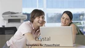  Presentation with business office desk - Beautiful slide deck featuring cheerful business colleagues using laptop at desk in office backdrop and a mint green colored foreground