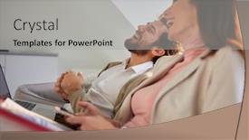  Presentation with atmosphere - Audience pleasing theme consisting of cheerful-business-couple-sitting backdrop and a light gray colored foreground
